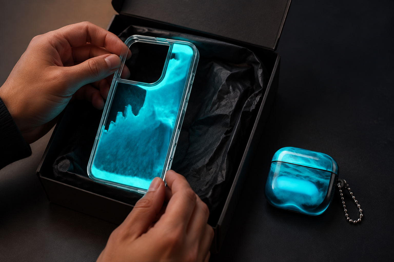 AI visualization of a luminous CASEVAULT case being unboxed